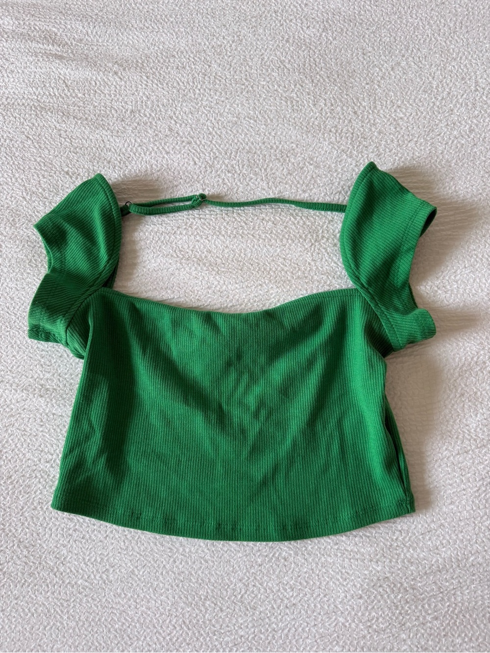 Green Square-Neck Ribbed Crop Top with Flutter Straps